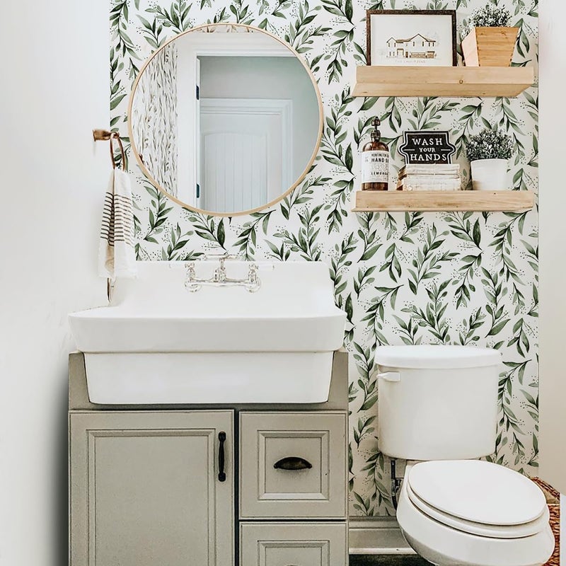 Livebor Green Leaf Wallpaper Peel and Stick Olive Leaf Contact Paper 17.7inch x 118.1inch Green Peel and Stick Wallpaper Modern Farmhouse Wall Paper for Bathroom Neutral Sage Decorative Vinyl - Image 3
